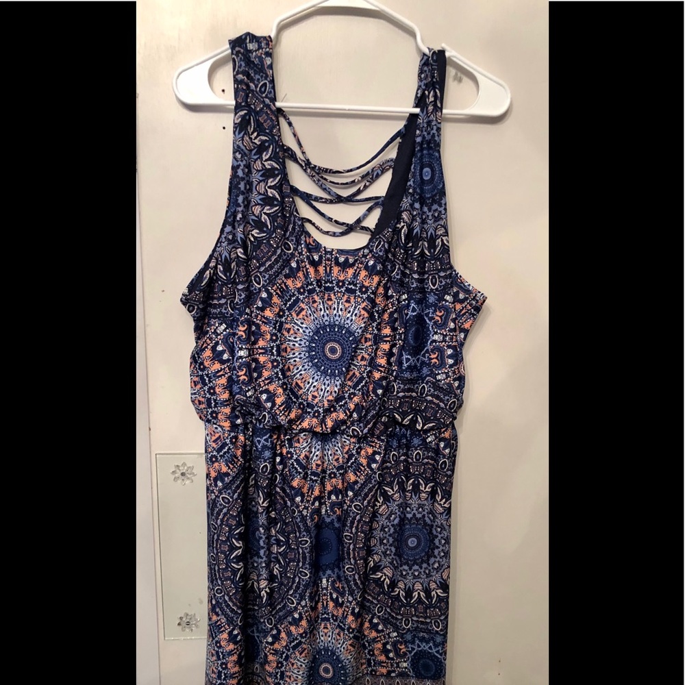 Blue patterned dress.